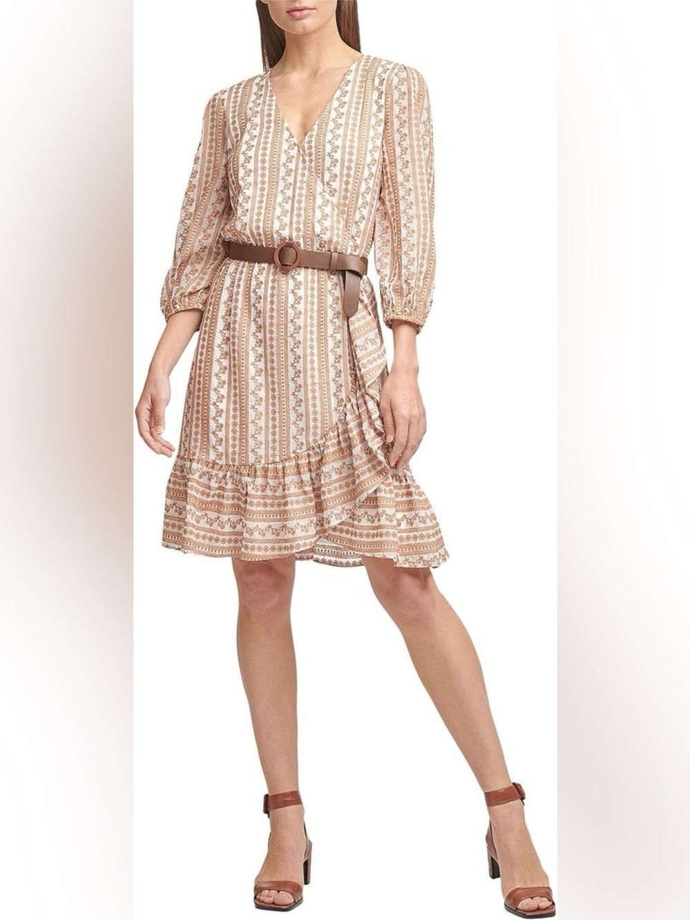 Calvin Klein Long Sleeve Faux Wrap Dress Eyelit Embroidery Ruffle Size S Boho